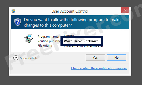 Screenshot where Warp Drive Software appears as the verified publisher in the UAC dialog